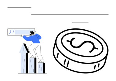 Tırmanma çubuğuna tırmanan kişi arama çubuğuna uzanıyor, üzerinde yüzen para sembolü var. Finans, iş büyümesi, arama motoru optimizasyonu, yatırım, çevrimiçi araştırma, ekonomik analiz için ideal