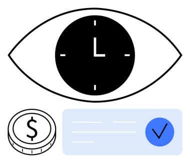 Saatli göz, dolar sembollü para ve işaretli liste. Zaman yönetimi, mali planlama, üretkenlik araçları, organizasyon, verimlilik iş hedefi belirlemek için ideal.
