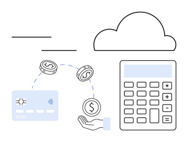 Kredi kartı, hesap makinesi, madeni paralar ve dijital para transferini ve online işlemleri gösteren bir bulutun altındaki el. E-ticaret, finans uygulamaları, çevrimiçi bankacılık, ödeme çözümleri, finansal