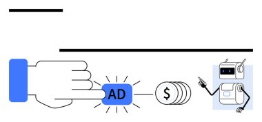 AD tuşuna basmak, dolar sembollü bozuk paralar, gülümseyen yapay zeka robotu. Dijital pazarlama, çevrimiçi reklam, PPC kampanyaları, gelir üretimi, yapay zeka otomasyonu, müşteri memnuniyeti için ideal