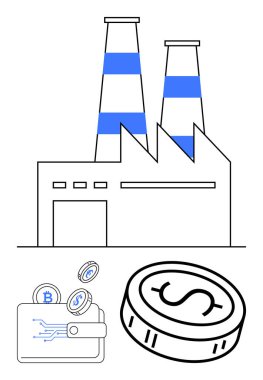 İki bacası, Bitcoin, Dollar ve diğer kripto para birimleriyle birlikte dijital cüzdanı ve büyük bir doları olan bir fabrika. Finans, endüstri, teknoloji, yatırım imalatı için ideal