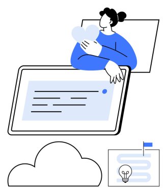 Tablet ekranından çıkan kalp şeklinde bir bulut, sanal bağlantıyı ve dijital sevgiyi temsil ediyor. Teknoloji, aşk, yenilik, bulut hesaplama, iletişim, sosyal