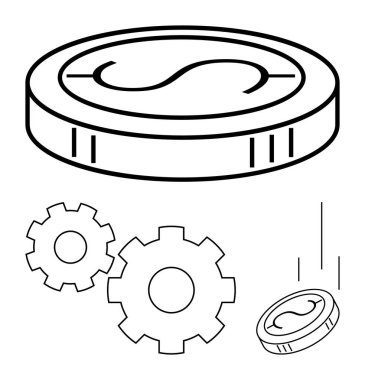Madeni para, mali sistemleri ve ekonomik süreçleri sembolize eden vites ve vites hareketlerine doğru düşüyor. Ekonomi, ticaret, finans, yatırım, endüstriyel kavramlar, otomasyon, teknoloji için idealdir. Çizgi