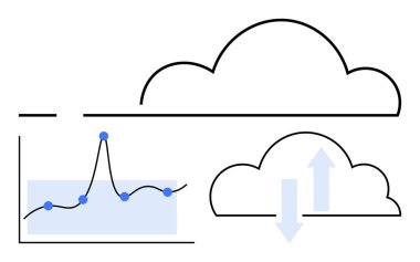 Bulut ve oklar veri analizini temsil ediyor. Bulut performans ve büyüme hesaplıyor. Teknoloji, yenilik, analitik, verimlilik, iş geliştirme, strateji için idealdir. Çizgi