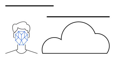 Büyük bulut çiziminin yanında geometrik tanımlama desenli erkek yüzü. Teknoloji, güvenlik, veri depolama, biyometri, yenilik, yapay zeka, bulut hesaplama için ideal. Satır metaforu