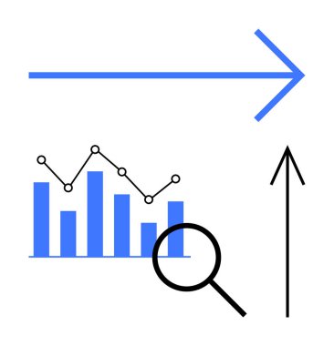 Sağ tarafı gösteren ok, veri noktalı çubuk grafiği, büyüteç ve yukarı doğru ok. Ticari büyüme, veri analizi, pazar eğilimleri, mali ilerleme ve performans değerlendirme stratejisi için ideal