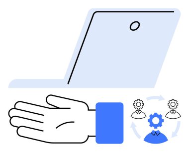 Laptop ekranı, vites destekli el, dişli ve oklu insan kafası simgeleri. Teknoloji, destek, yönetim, takım çalışması, işbirliği liderlik verimliliği için ideal. Satır metaforu