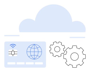 Vitesli ve içinde kablosuz sinyal ve küre bulunan SIM kartı olan bir bulut. Bulut hesaplama, veri yönetimi, ağ hizmetleri, küresel bağlantı, IoT, teknoloji entegrasyonu ve dijital için ideal