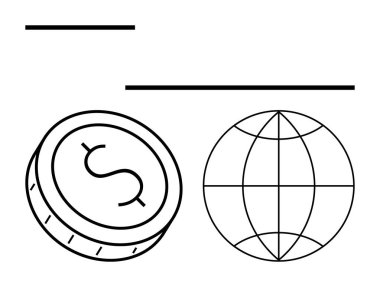 Dolar madeni para ve dünya iki yatay çizgili görüntüler çiziyor. Finans, küresel ticaret, ekonomi, iş, yatırım, uluslararası pazar, para politikası için idealdir. Satır metaforu