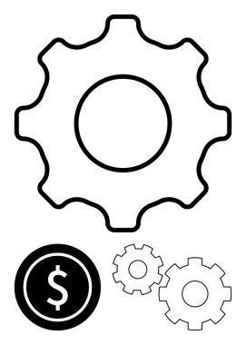 Geniş taslak teçhizat, dolar işareti çemberin içinde, iki küçük vites aşağıda. Finansal stratejiler, mekanik kavramlar, otomasyon süreçleri, imalat, verimlilik ve ekonomik konular için ideal. Çizgi