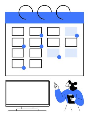 Takvim önemli tarihleri gösteriyor. Noktalar, ekranı gösteren pano tutan kişi. Zaman yönetimi, planlama, proje teslim tarihleri, toplantılar, sunumlar, hatırlatmalar için ideal. Çizgi