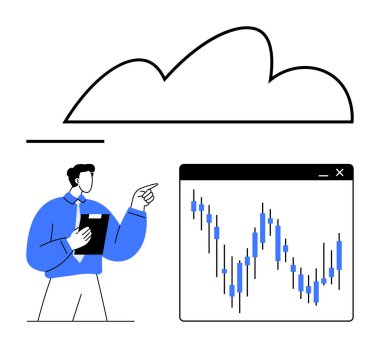 İş adamı, bir bulut anahatının altındaki dalgalı bir çizelgeyi işaret ediyor. Veri analizi, iş sunumları, bulut hesaplaması, borsa eğilimleri, finansal tahminler, teknoloji için ideal