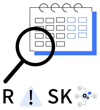 Magnifying glass over a calendar, emphasizing risk concept and team collaboration. Ideal for project planning, time management, risk analysis, teamwork, organizational strategy, productivity clipart