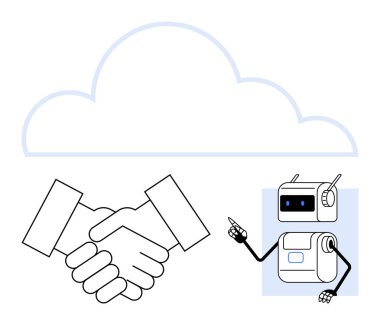 Robotun işaret ettiği el sıkışma ve bulut silueti. Teknoloji, yapay zeka, takım çalışması, yenilik, bulut hesaplama, ortaklık, dijital dönüşüm hattı metaforu için ideal