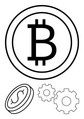 Bitcoin and dollar coin symbols with two gearwheels highlighting blockchain technology and financial systems. Ideal for blockchain, finance, cryptocurrency, fintech, investment, technology, economy clipart