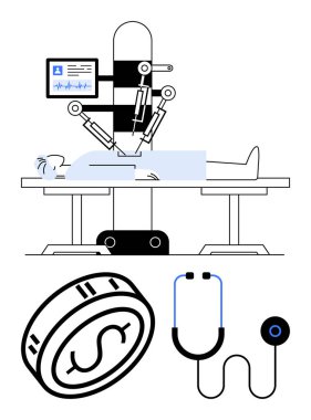 Ameliyat masasındaki hasta monitörlü robotik ameliyat geçiriyor. Elementler arasında madeni para, steteskop ve kamera var. Sağlık, teknoloji, finans, yenilik ve robot tıbbı için ideal