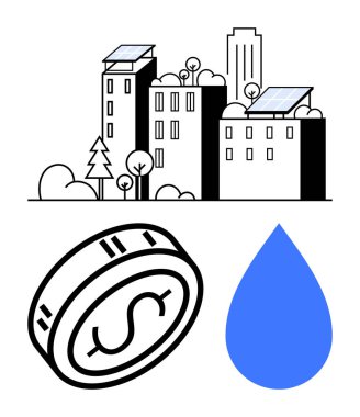 Urban buildings equipped with solar panels, a coin representing financial aspects, and a blue water drop. Ideal for sustainability, renewable energy, urban planning, finance, environmental clipart