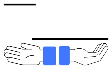 Mavi bilekliklerle uzanmış iki el, iki siyah çizginin altına yerleştirilmiş. Destek, destek, birlik, ortaklık, işbirliği, cömertlik ve yardım temaları için idealdir. Satır metaforu