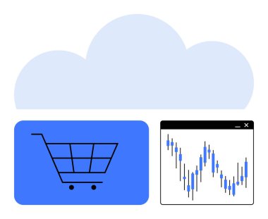 Alışveriş arabasının üstünde bulut sembolü ve dalgalanan borsa tablosu. E-ticaret, veri depolama, bulut hesaplama, finansal analiz, pazar ticareti, çevrimiçi alışveriş, iş stratejisi için ideal. Bulut