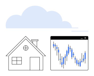 House beside a financial graph with blue and black line charts under a cloud. Ideal for real estate, market analysis, housing trends, investment strategies, economic forecasts, data visualization clipart