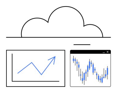 Yükselen trend grafiği ve şamdan çizelgesi olan bir bulut. Veri analizi, finans, bulut hesaplama, iş eğilimleri, piyasa çalışmaları, teknoloji, eğitim içeriği için ideal. Satır metaforu
