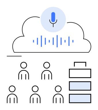Mikrofon ikonu ve ses dalgaları olan bulut, art arda altı kişi ikonu ve organizasyonu gösteren üç etiketli dikdörtgen. Takım iletişimi, bulut hesaplaması ve veri yönetimi için ideal