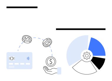 Kredi kartı, bozuk para yakalama ve dişli ikonlu pasta grafiği. Finans hizmetleri, bankacılık, e-ticaret, yatırımlar, fintech para yönetimi ve veri analizleri için ideal. Satır metaforu