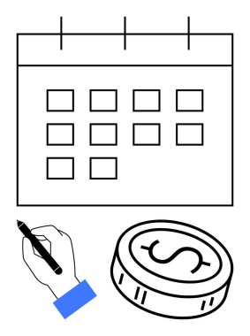 Kalemi takvim ve doların yanında tut. Program, finansal planlama, bütçe, kişisel finans, yatırım, zaman yönetimi, iş planlaması için ideal. Satır metaforu