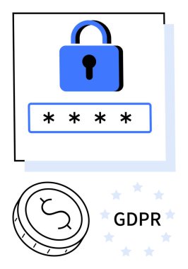 Dört yıldızlı bir şifre kutusunun üstündeki mavi kilit sembolü dolar işaretli sikke simgesi ve GDPR metni. Siber güvenlik, çevrimiçi mahremiyet, veri koruması, şifreleme, finansal güvenlik için ideal