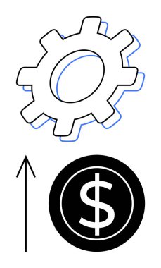 Dişliler ve dolar bozuk paralar yukarı doğru ok atarak değerinin arttığını gösteriyor. Konseptler için ideal iş büyümesini, mali gelişimi, teknolojik ilerlemeyi, üretkenliği artırmayı, ekonomik gelişimi teşvik eder