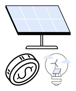 Solar panel, coin, and light bulb with solar panel and windmill inside. Ideal for renewable energy, sustainability, green technology, eco-friendly solutions, energy savings, future innovations clipart