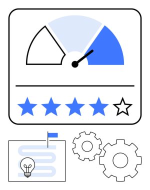 İğneli performans ölçer, dört mavi yıldız, derecelendirme ölçeği, ampul fikri, iki vites. Performans, üretkenlik, geri bildirim, verimlilik yenilik proje yönetimi iş analizi için ideal