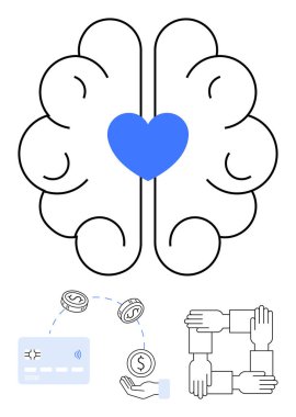 Merkezinde mavi kalp olan beyin taslağı, kredi kartı ödemesi, para transferi ve takım çalışması için ikonlar. Finans, akıl sağlığı, teknoloji, işbirliği ve ilişkiler için ideal