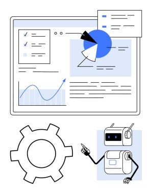 Çizelgeleri, grafikleri ve kontrol listeleri olan gösterge paneli. Robot asistan ve dişli ikonu otomasyon ve optimizasyon öneriyor. Veri analizi, iş akışı yönetimi, otomasyon, teknoloji, yapay zeka, verimlilik için ideal