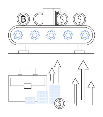 Conveyor belt with Bitcoin and dollar symbols, briefcase, stacked coins, and upward arrows. Ideal for business growth, investment, finance, cryptocurrency, economics productivity and innovation clipart