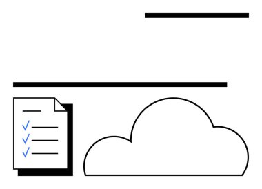 Bulut şeklinin yanında mavi işaretli kağıt kontrol listesi. Bulut depolama, dijital organizasyon, görev yönetimi, üretkenlik uygulamaları, veri yedekleme, çevrimiçi hizmetler ve iş akışı iyileştirmeleri için ideal