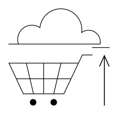 Alışveriş arabasının üstünde bulutlu bir şekil ve yukarı bakan bir ok var. E-ticaret, bulut depolama, çevrimiçi perakende, dijital alışveriş, internet hizmetleri, teknolojik çözümler, mobil uygulamalar için ideal. Satır metaforu