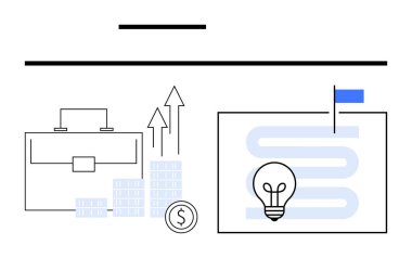 İş çantası, artan para desteleri, ampulün yanında büyümeyi gösteren oklar ve bayrak taşıyan zaman çizelgesi haritası. Planlama, strateji, büyüme, başarı, finans, yenilik ve ticaret için ideal