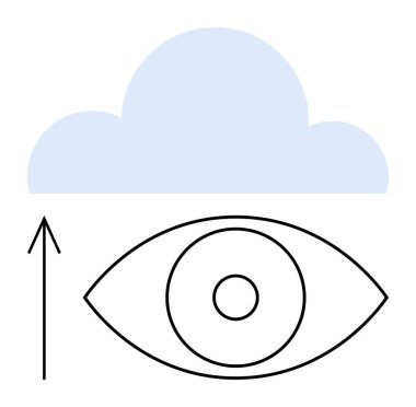 Yukarıya bakan göz mavi buluta işaret ediyor, bulut hesaplamasını, yazılım geliştirmesini, teknoloji görüşünü sembolize ediyor. Teknoloji girişimleri, bulut hizmetleri, ağ oluşturma, dijital dönüşüm ve veri için ideal