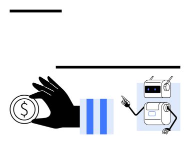 El ele tutuşan bozuk para, kaldırılmış parmağı olan robot, dikdörtgen. Finans teknolojisi, yenilik, yatırım, otomasyon, dijital para birimi için ideal. Modern finansal kavramları görselleştirmek. Satır metaforu