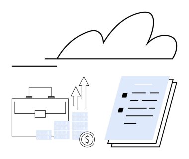 Evrak çantası, finansal desteler, büyüyen oklar, bulut altındaki kağıtlar. Finans, iş büyümesi, yatırım ve ekonomi yönetimi için ideal mali planlama raporları. Satır metaforu