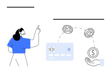 Kulaklık takan biri yukarı doğru bakıyor, kredi kartı, eline para geçiyor. E-ticaret, çevrimiçi bankacılık, finans hizmetleri, müşteri desteği, ödeme işlemleri, fintech digital için ideal