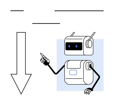 Antenli robot, yukarı doğru uzanan mavi röfleler aşağı doğru ok ve yatay çizgiler. Teknoloji, robot bilimi, yapay zeka, rehberlik, yönlendirme, yenilik ve gelecek temalar için idealdir. Satır metaforu