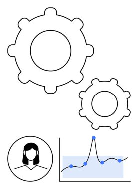 Veri noktalarıyla iki dişli avatar çizgisi grafiği. Takım çalışması, analitik, yenilik, gelişme, iş stratejisi, teknoloji entegrasyonu, kişisel yönetim konuları için idealdir. Satır metaforu