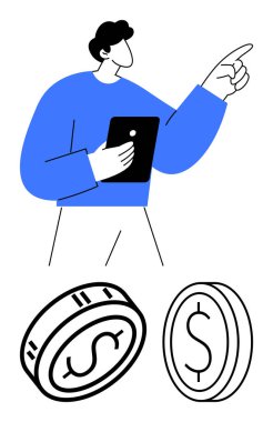 Tableti tutan kişi tek eliyle öne doğru işaret ederken dolar işaretli iki madeni para da mali işlemleri temsil ediyor. Finans, teknoloji, yatırımlar, bankacılık, çevrimiçi ticaret için ideal