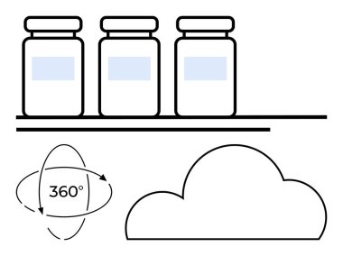 Rafta üç ilaç şişesi, 360 derecelik döner oklar, bulut çizgisi. Tıbbi depolama, veri koruması, bulut çözümleri, eczane envanteri, dijital dönüşüm, sanal