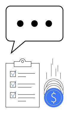 Elipsli konuşma balonu, pano kontrol listesi ve dolar işaretli mavi paralar. Ticari iletişim, mali planlama, görev yönetimi, üretkenlik, hedef belirleme ve proje için ideal