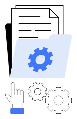 Evraklar bir klasörde, vites simgesi, el ve dişli. Veri organizasyonu için ideal, dijital depolama çözümleri, dosya yönetimi, bilişim hizmetleri, teknik destek, otomasyon verimliliği. Çizgi