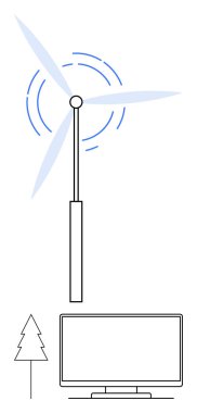 Mavi hareket çizgileriyle dönen rüzgar türbini, altında ağaç çizimi olan dijital bir cihaza güç veriyor. Yenilenebilir enerji, sürdürülebilirlik, teknoloji entegrasyonu, eko-yaşam tarzı için ideal
