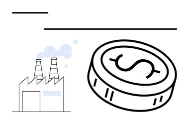 Üzerinde dolar işareti olan büyük bir madeni paranın yanında duman yığınları olan endüstriyel bir fabrika. Sanayi ekonomisi, mali büyüme, üretim maliyetleri, endüstriyel yatırım, ekonomi ve iş stratejisi için ideal